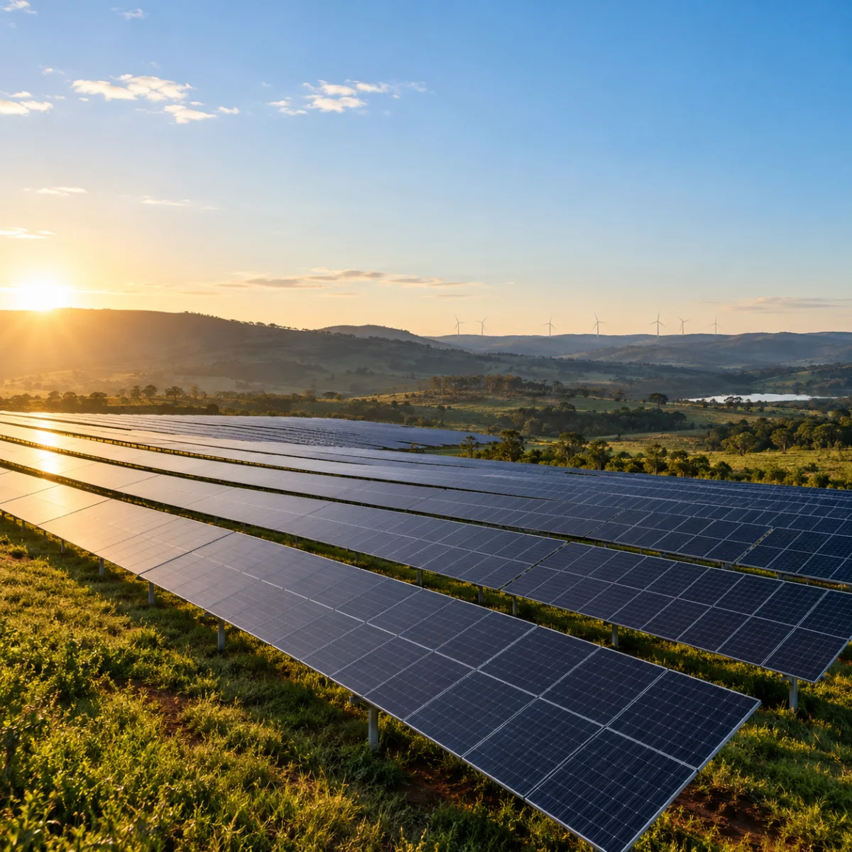 Usina solar em uma paisagem brasileira, com turbinas eólicas no horizonte